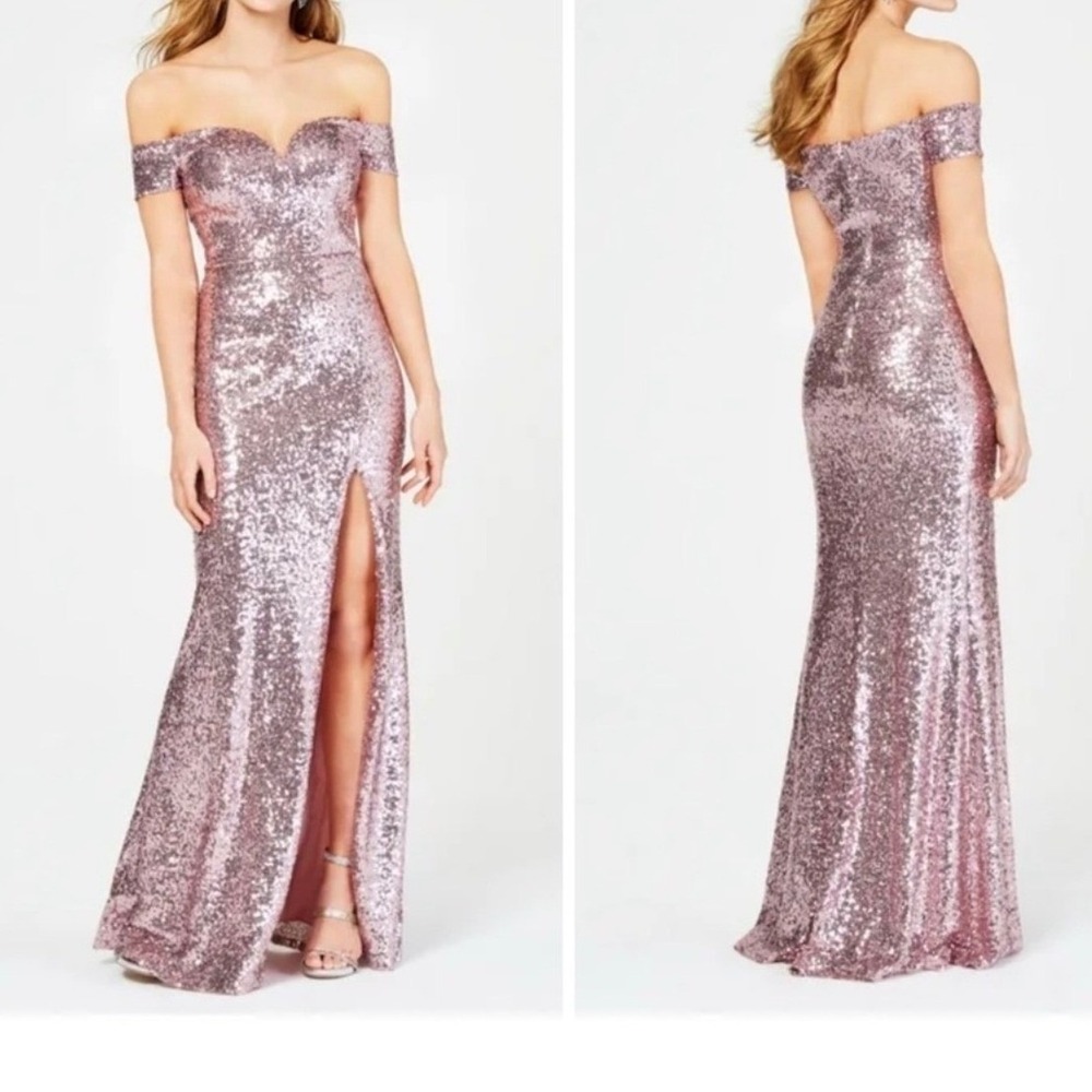 B. Darlin Dress Juniors 9/10 Pink Sequin Maxi Gown Off the Shoulder Prom Wedding